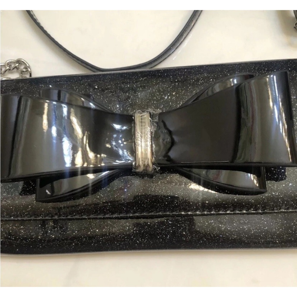 Betsy Johnson Black Glitter Crossbody Clutch Ribbon Bow Purse NWOT "Xolyla Bow”
